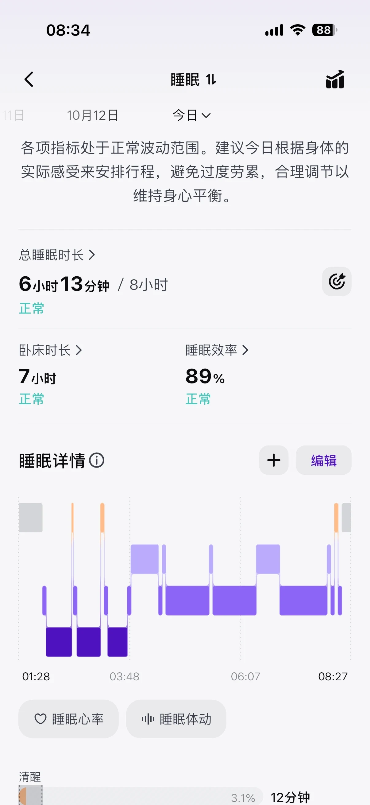 Screenshot of a mobile health app displaying sleep tracking metrics and sleep stage analysis.