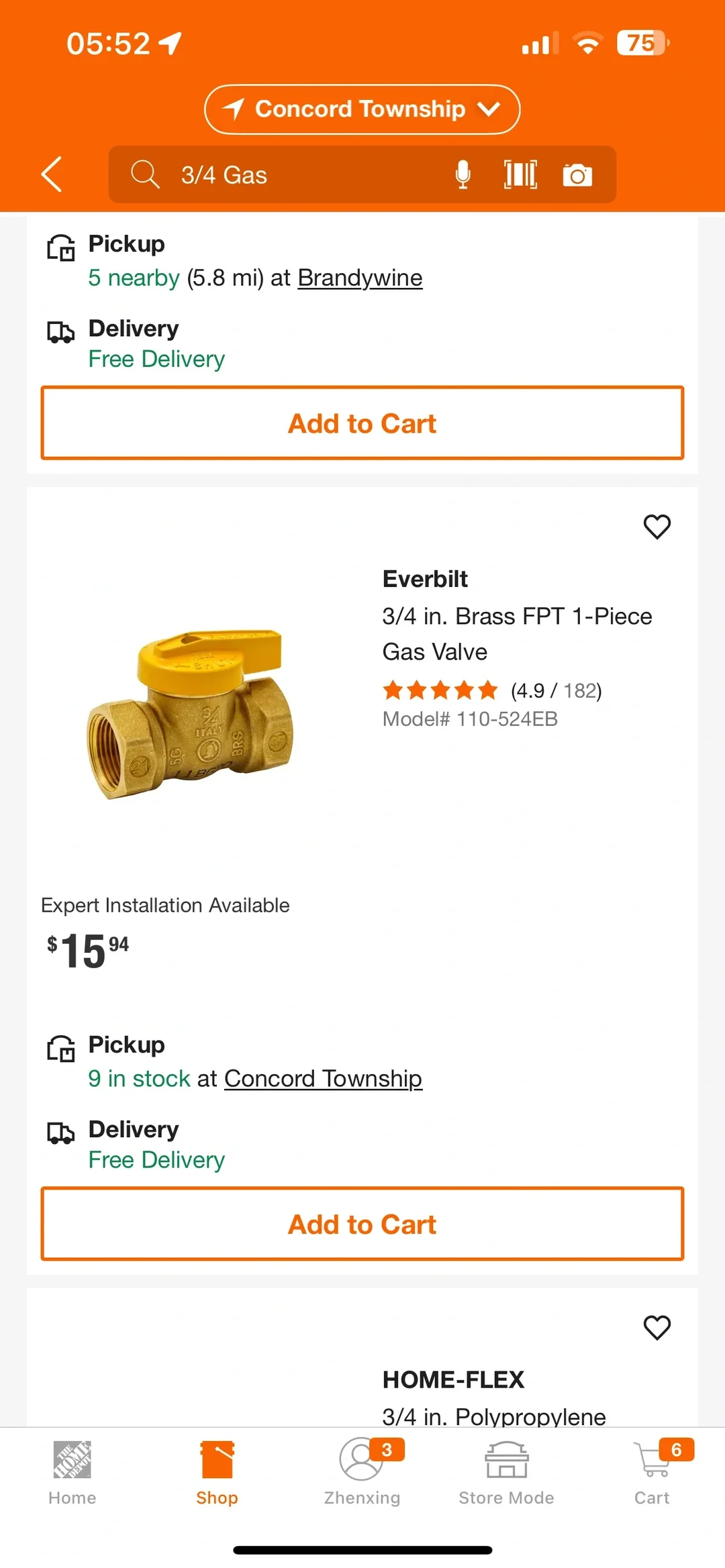 A shopping-app screenshot shows search results for “3/4 Gas.” The main listing is an Everbilt 3/4-inch brass FPT one-piece gas valve, with a yellow handle, rated 4.9 from 182 reviews and priced at $15.94; it shows nine in stock for pickup at Concord Township and free delivery. Part of a HOME-FLEX listing is visible below.