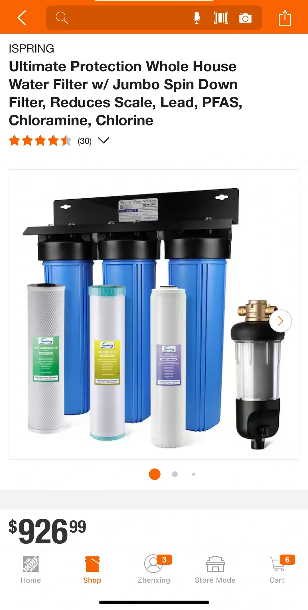 A Home Depot product listing for the iSpring Ultimate Protection whole-house water filter, showing a three-housing blue filter system, three replacement cartridges and a separate clear filter housing. The listing shows a 4.5-star rating from 30 reviews and a price of $926.99.