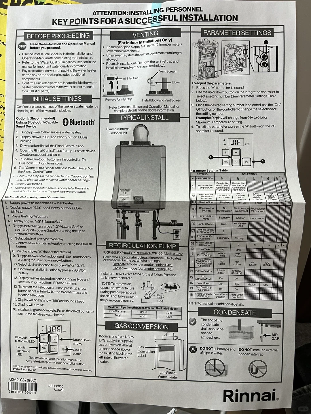 A printed Rinnai tankless water heater installation guide titled “Key Points for a Successful Installation,” with illustrated sections on initial settings, venting, typical installation, parameter settings, recirculation pump, gas conversion and condensate drainage.