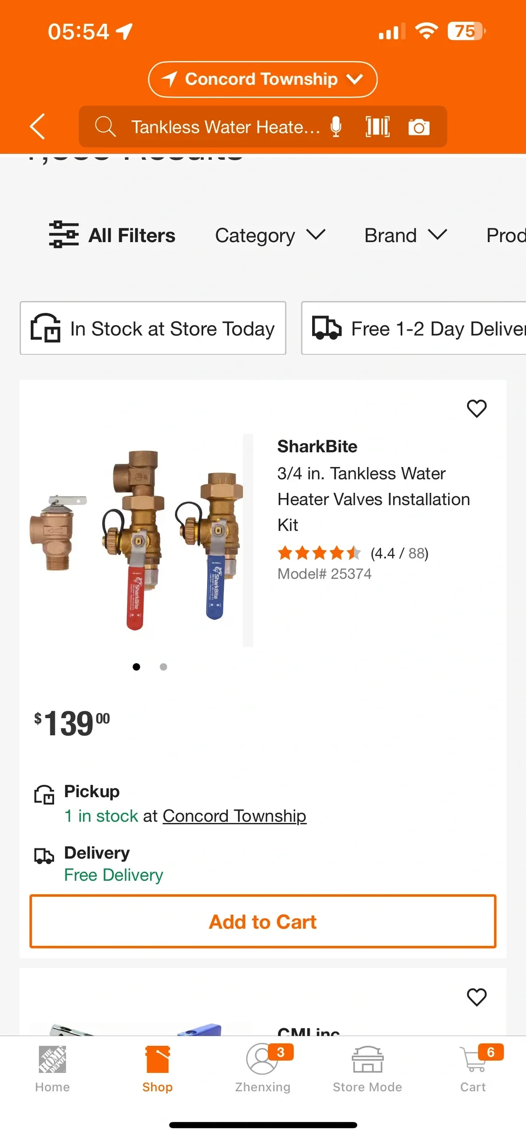A shopping app screenshot shows a listing for a SharkBite 3/4-inch tankless water heater valves installation kit, pictured with brass valves and red and blue handles. It is priced at $139, rated 4.4 from 88 reviews, with one in stock for pickup at Concord Township and free delivery; an Add to Cart button is visible.