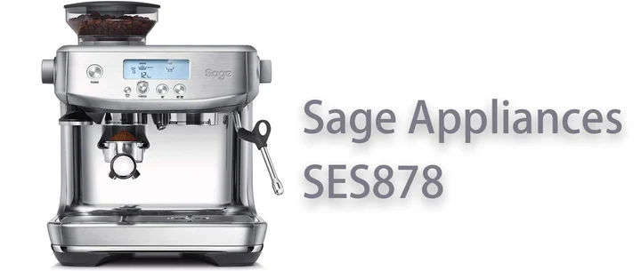 Stainless-steel Sage Appliances SES878 espresso machine shown against a white background, with a bean hopper, front controls, portafilter, steam wand, and drip tray.