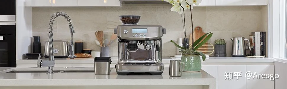 A stainless-steel Sage 878 espresso machine with a bean hopper sits on a bright kitchen counter beside a metal milk pitcher, a faucet, and a potted orchid.