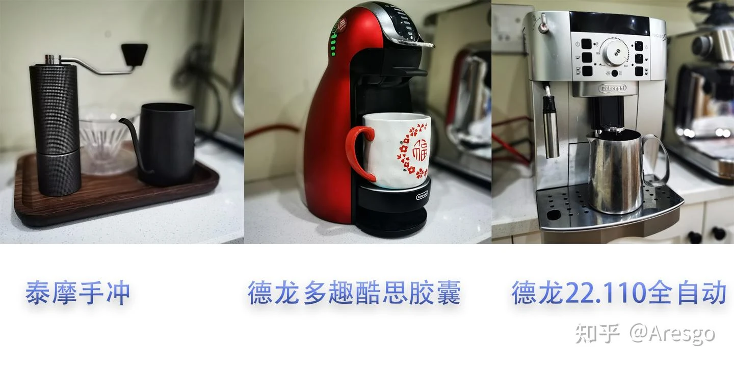 Three-panel collage of home coffee equipment: a Timemore manual brewer on a tray, a red De'Longhi capsule machine with a mug, and a silver De'Longhi 22.110 automatic coffee machine with a milk pitcher.
