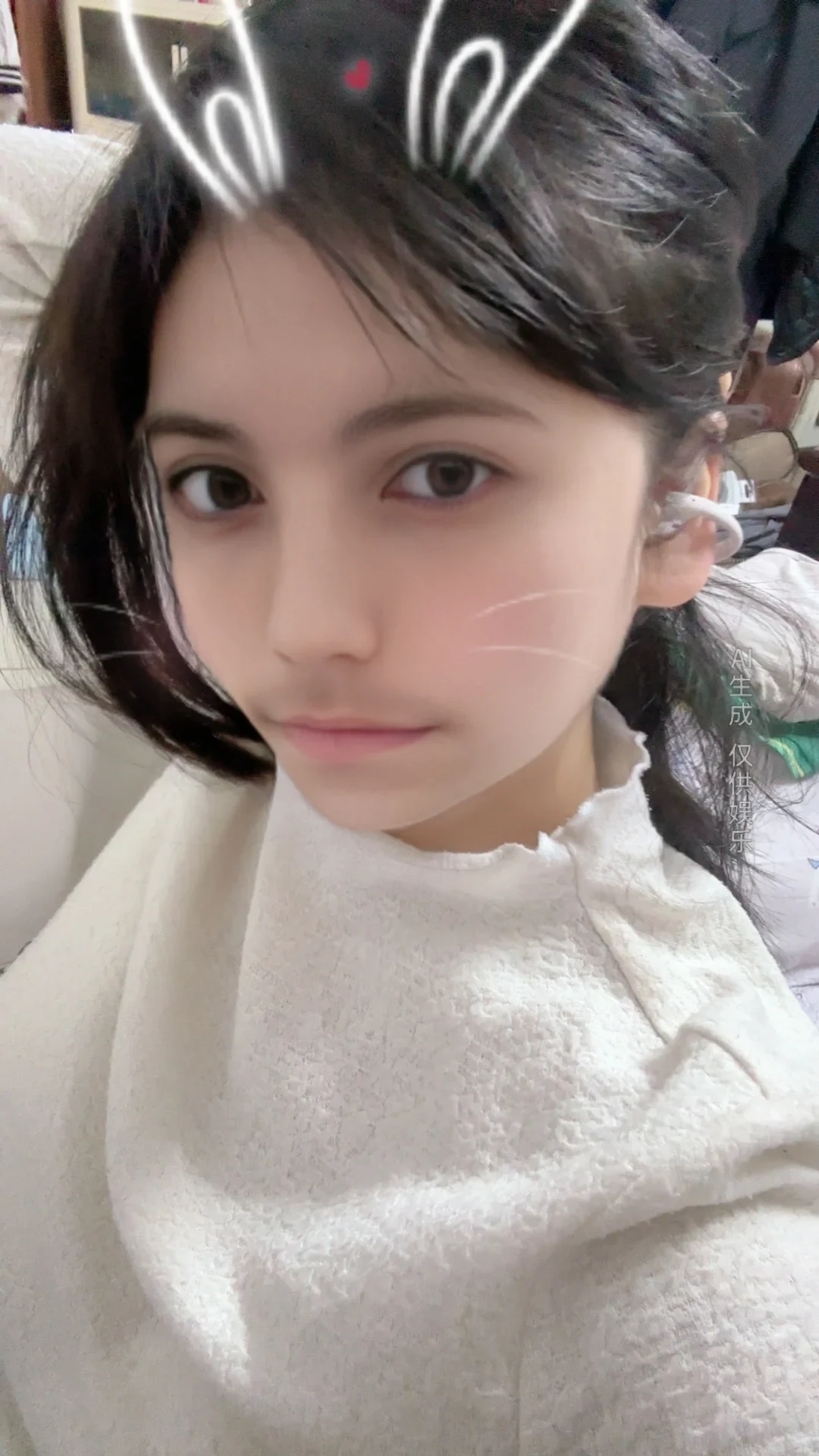 A filtered selfie from the source post showing a white clip-on earbud, with drawn bunny ears and an AI-effect watermark.