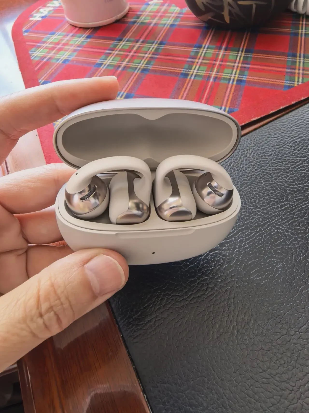 A hand holds an open light gray charging case displaying a pair of Shokz OpenDots ONE clip-on open-ear earbuds seated inside their charging slots.
