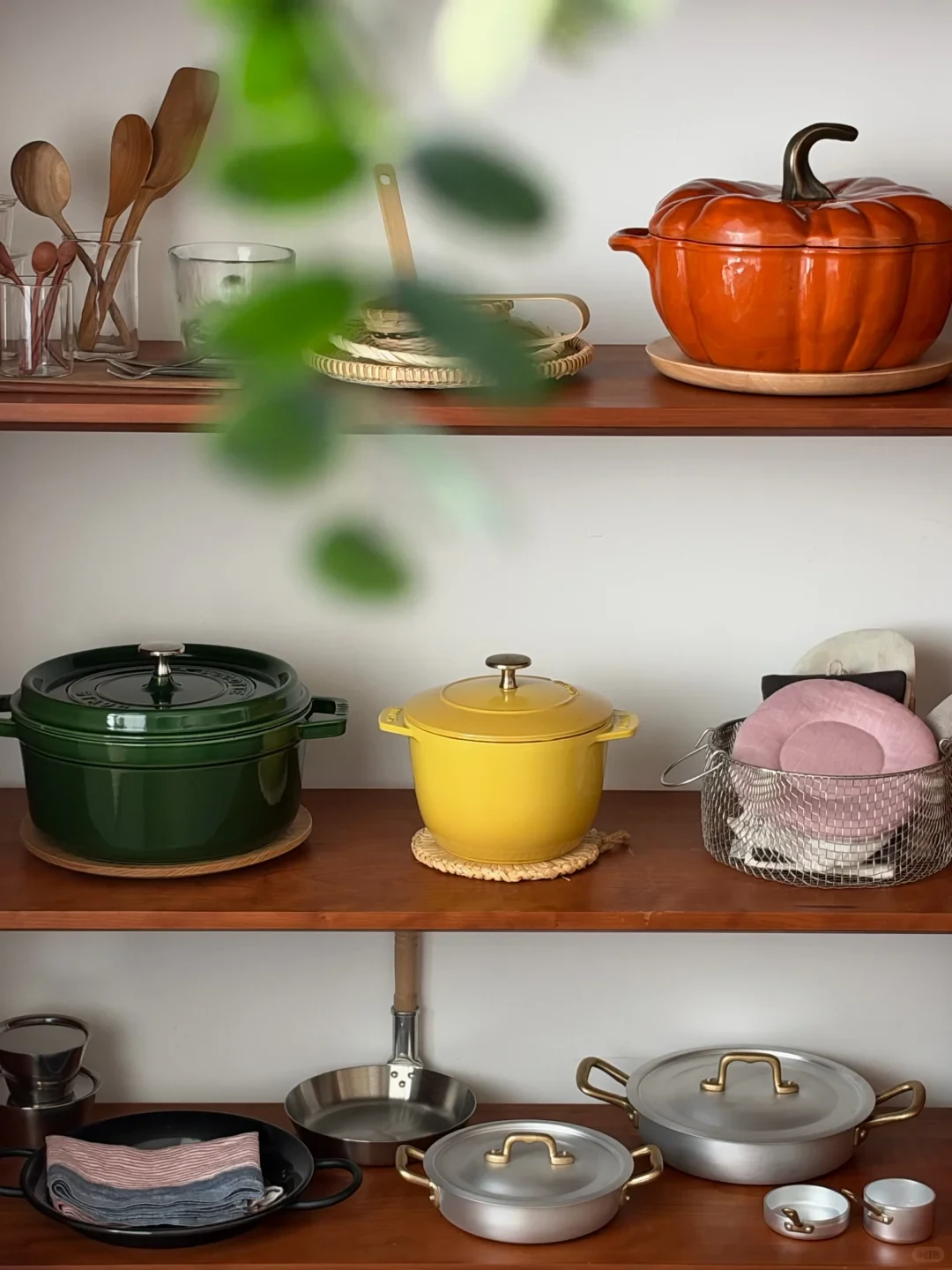 Wooden kitchen shelves neatly displaying assorted cookware, including an orange pumpkin-shaped cocotte on the top shelf, a dark green Dutch oven and a yellow lidded pot on the middle shelf, and various stainless steel and aluminum pans with brass handles on the bottom shelf.