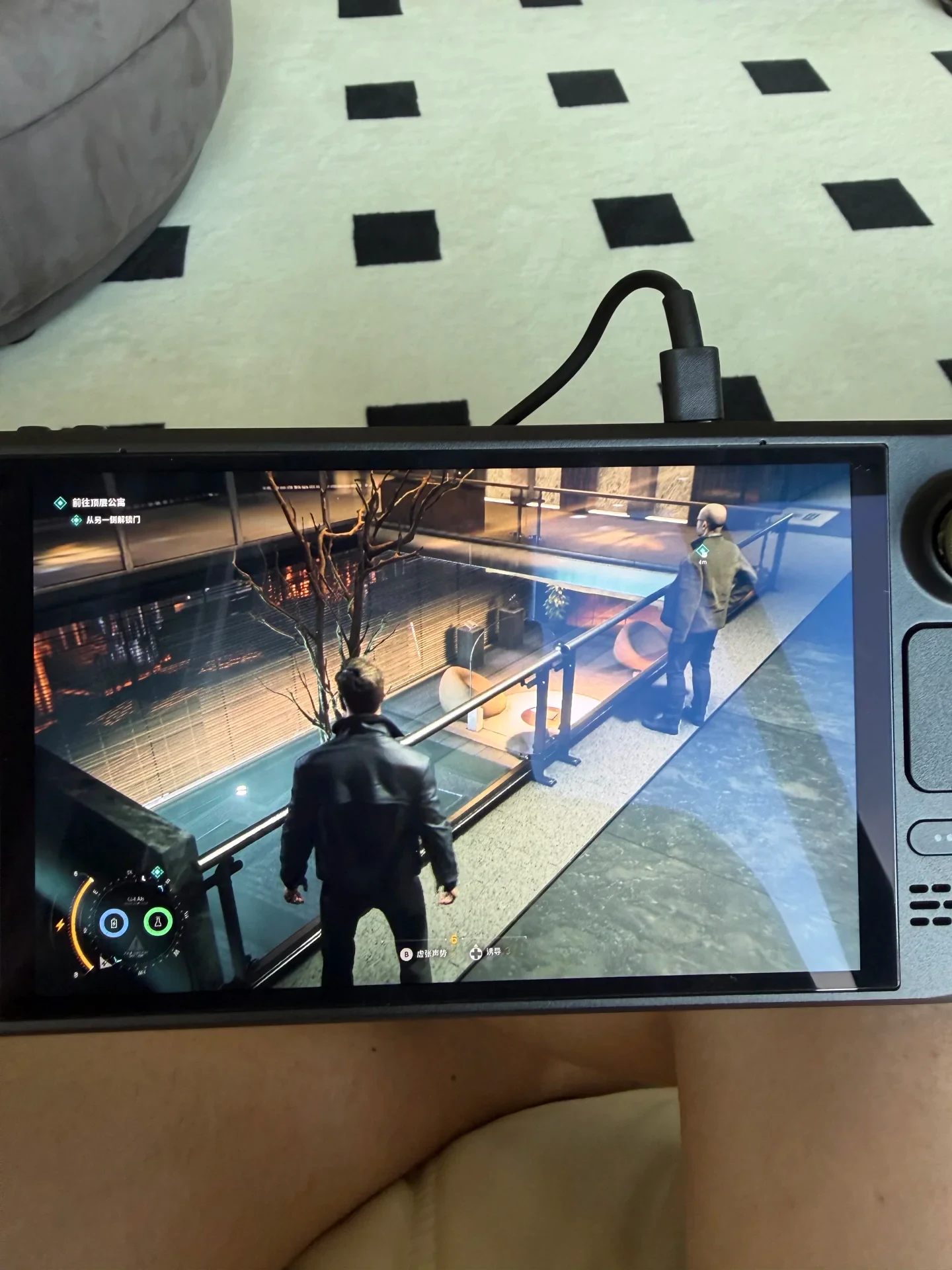A Steam Deck handheld console plugged into a charger while running a third-person video game.