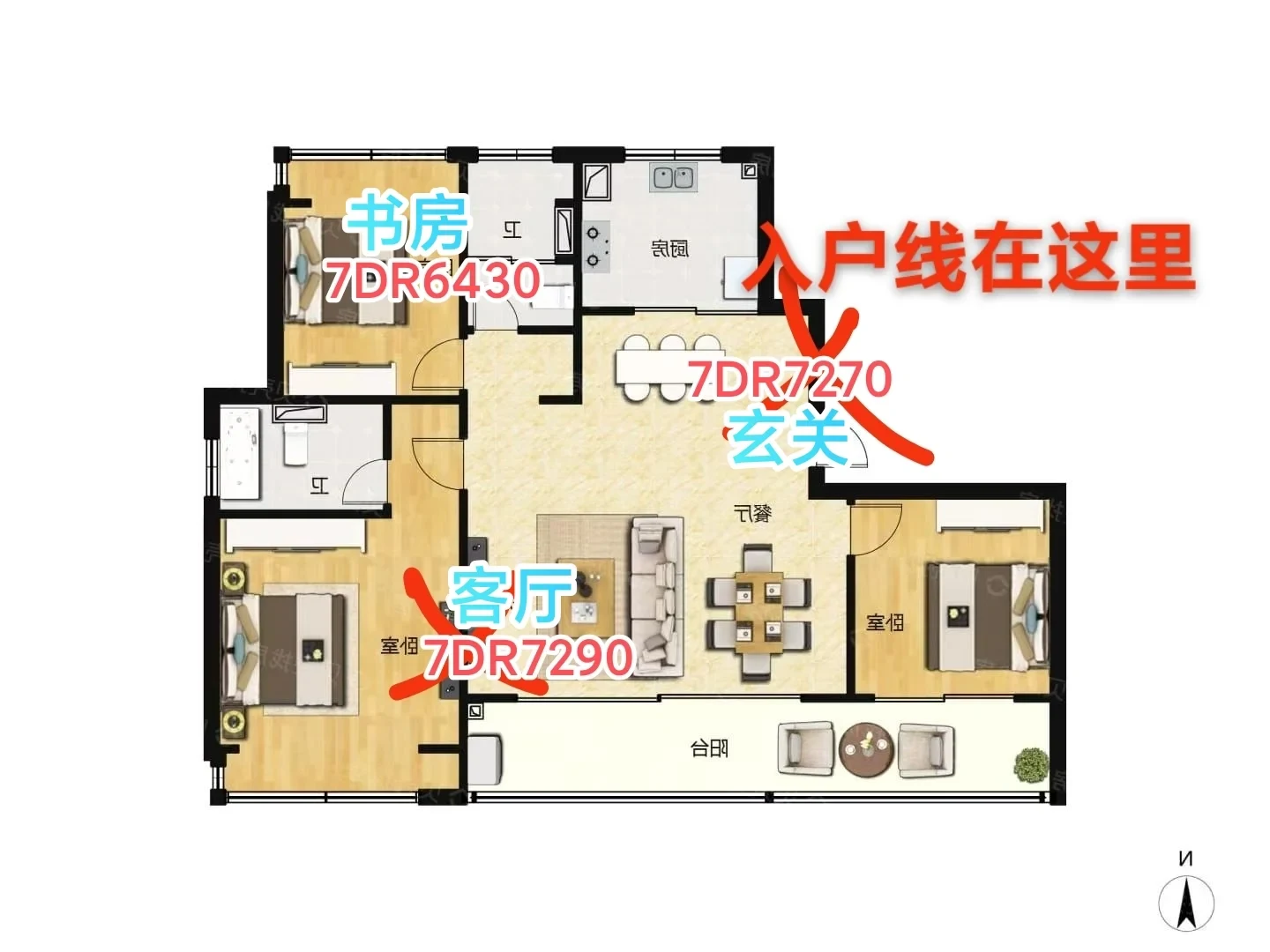 Apartment floor plan with overlaid annotations marking router model positions and broadband entry point.