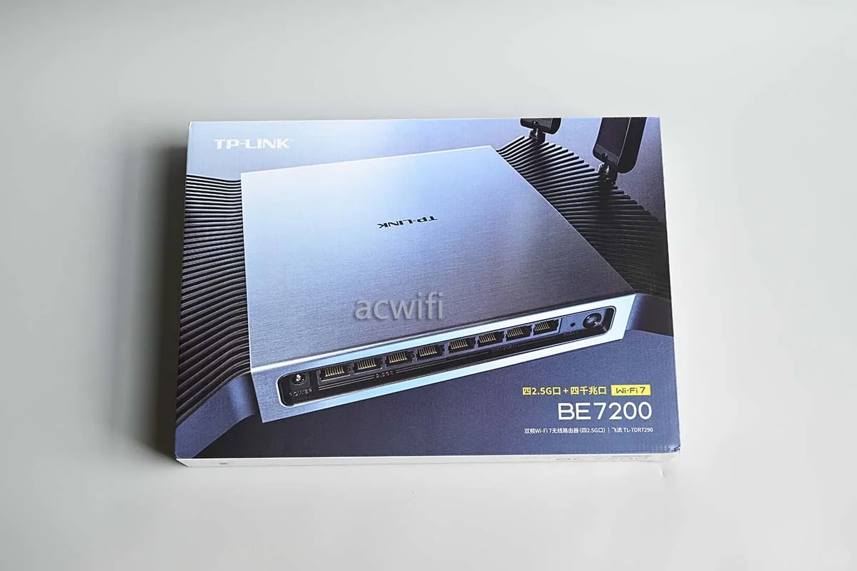 Retail box of the TP-LINK BE7200 Wi-Fi 7 router, showing an angled view of the device highlighting its eight Ethernet ports.