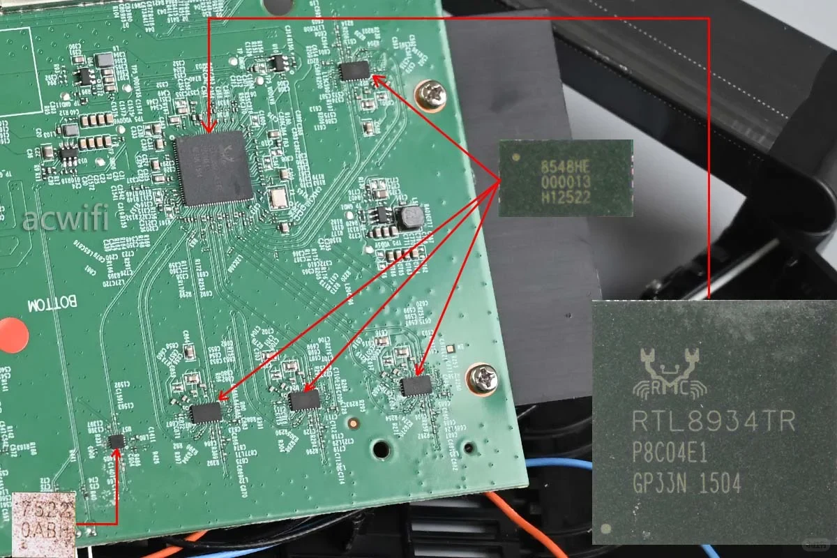 Circuit board teardown view of the TP-LINK 7DR7290 wireless router, featuring callouts to the Realtek RTL8934TR Wi-Fi chip and KCT8548HE front-end modules.