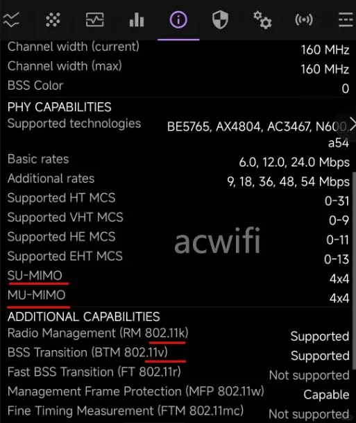 Screenshot of a mobile Wi-Fi diagnostic tool showing wireless physical capabilities and protocols, highlighting 4x4 SU-MIMO, 4x4 MU-MIMO, 802.11k, and 802.11v support.