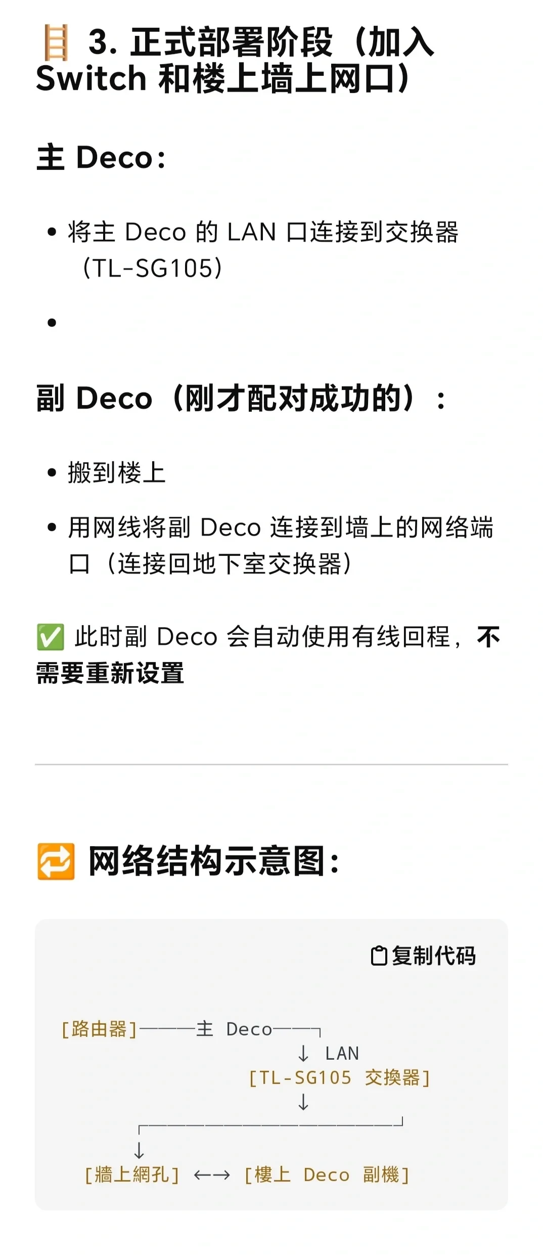 A Chinese instructional guide detailing the formal deployment phase of a TP-Link Deco mesh Wi-Fi network, explaining steps to connect the main Deco to a switch and the secondary Deco to an upstairs wall Ethernet port, accompanied by an ASCII-style network structure diagram.