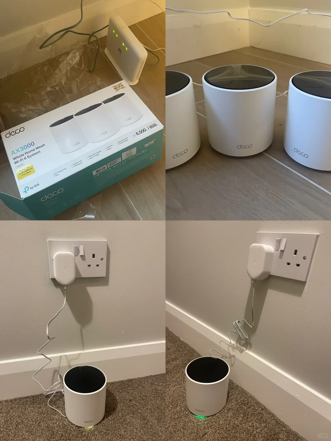 A four-panel photo collage documenting the unboxing and setup of a TP-Link Deco AX3000 Whole Home Mesh Wi-Fi 6 system: the top-left shows the product packaging beside an existing white Huawei modem; the top-right shows the three white cylindrical Deco units lined up together; the bottom-left and bottom-right show individual Deco units placed on a carpeted floor and connected to UK wall power sockets with green status indicator lights glowing at the base.