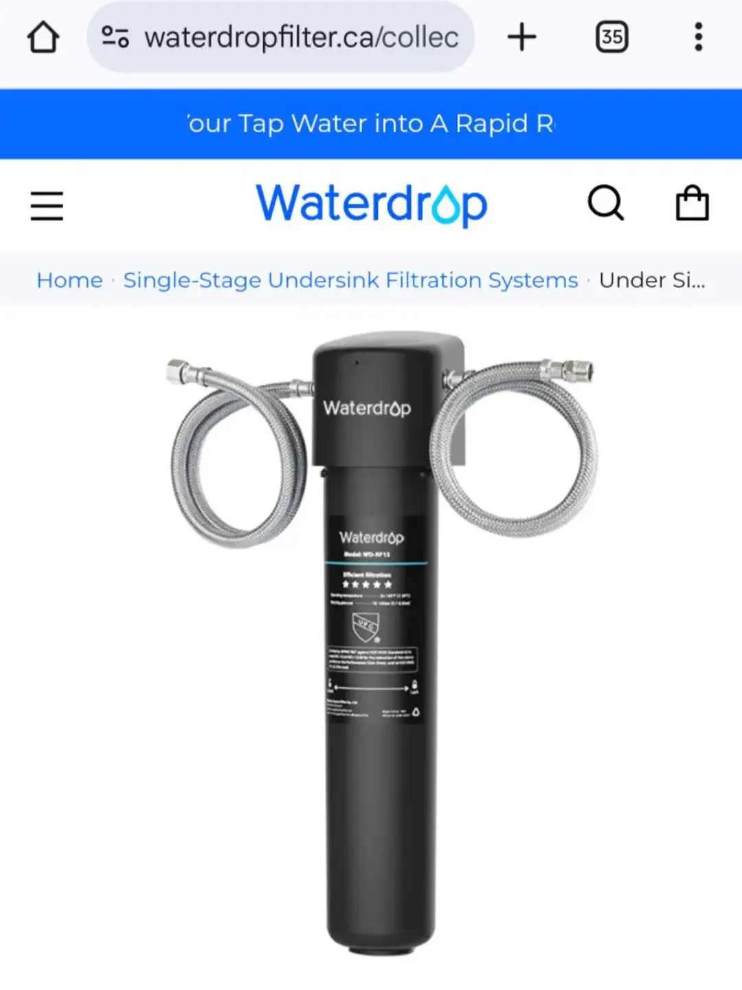 A Waterdrop online product listing shows a black cylindrical under-sink water filter with two coiled metal-braided hoses against a white background. The page header includes the Waterdrop logo, navigation icons, and a breadcrumb for single-stage undersink filtration systems.