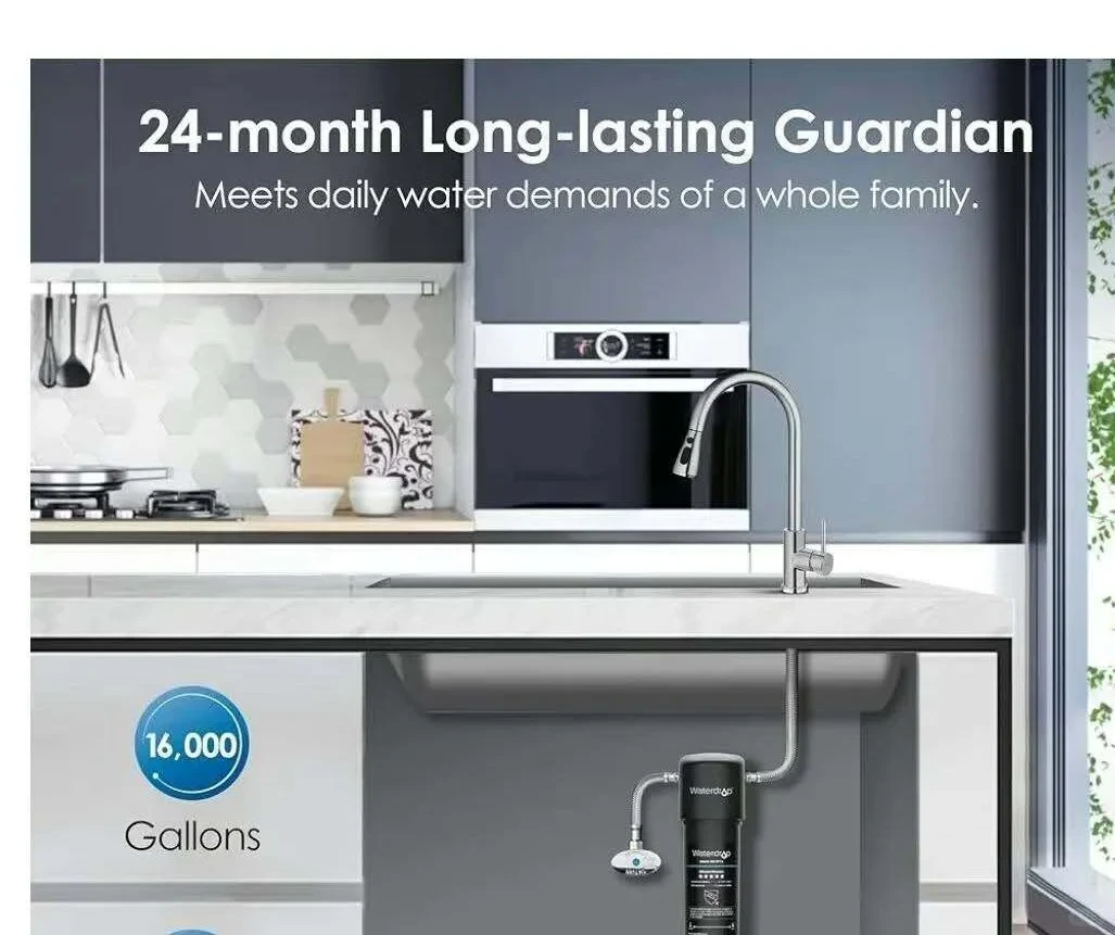 A promotional image shows an under-sink water filtration system connected to a kitchen faucet. Text says it provides 24-month protection, meets a whole family’s daily water needs, and has a capacity of 16,000 gallons.