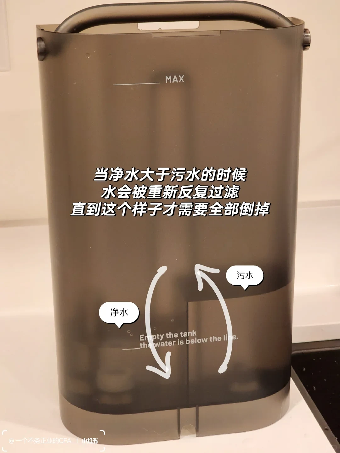 The owner’s annotated C1H feed-water tank shows MAX and empty/refill marks. Arrows and Chinese labels explain fresh feed water and returned reject water being cycled through the system; they do not identify separate purified-water and dirty-water compartments.