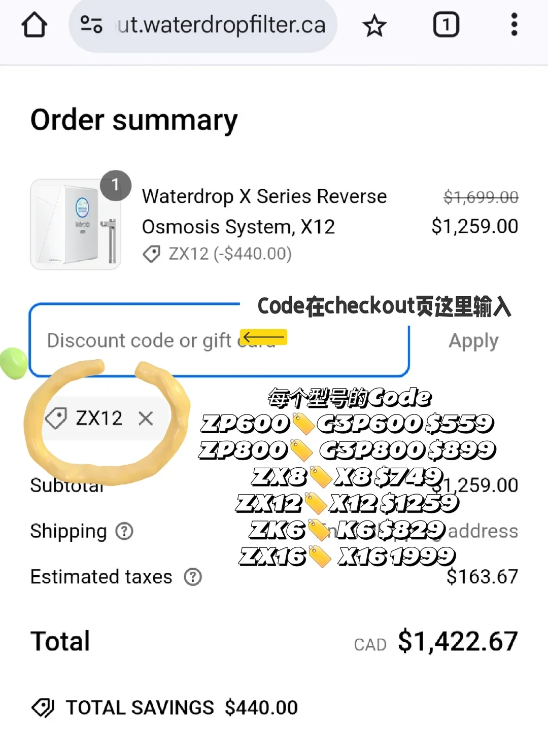 A mobile checkout order summary lists one Waterdrop X Series reverse osmosis system, model X12, for CAD $1,259.00 after a $440 discount. A discount-code field and applied code ZX12 are highlighted, with Chinese overlay text explaining where to enter a code and listing model-specific codes and prices.