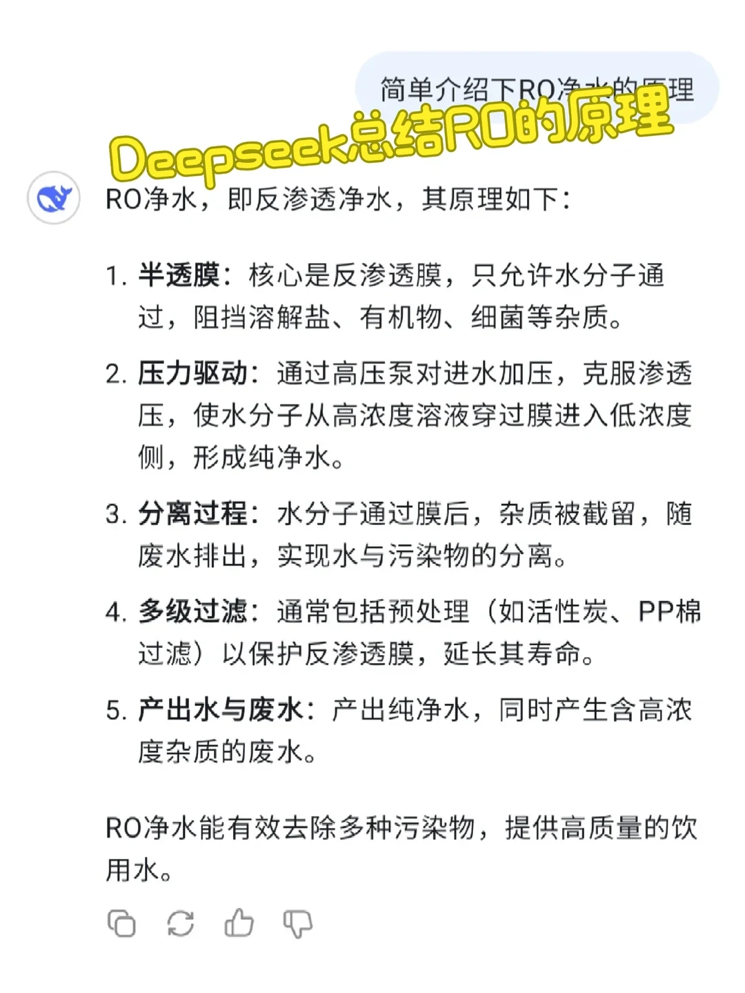 A DeepSeek conversation screenshot gives an AI-generated explanation of reverse-osmosis purification, with a yellow annotation reading “DeepSeek summarizes how RO works.” It describes membranes, pressure, wastewater, pretreatment, and purified water.