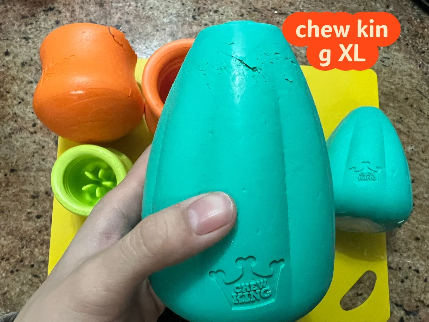 A hand holds a teal Chew King XL food-stuffing toy with visible bite marks, beside other toys.