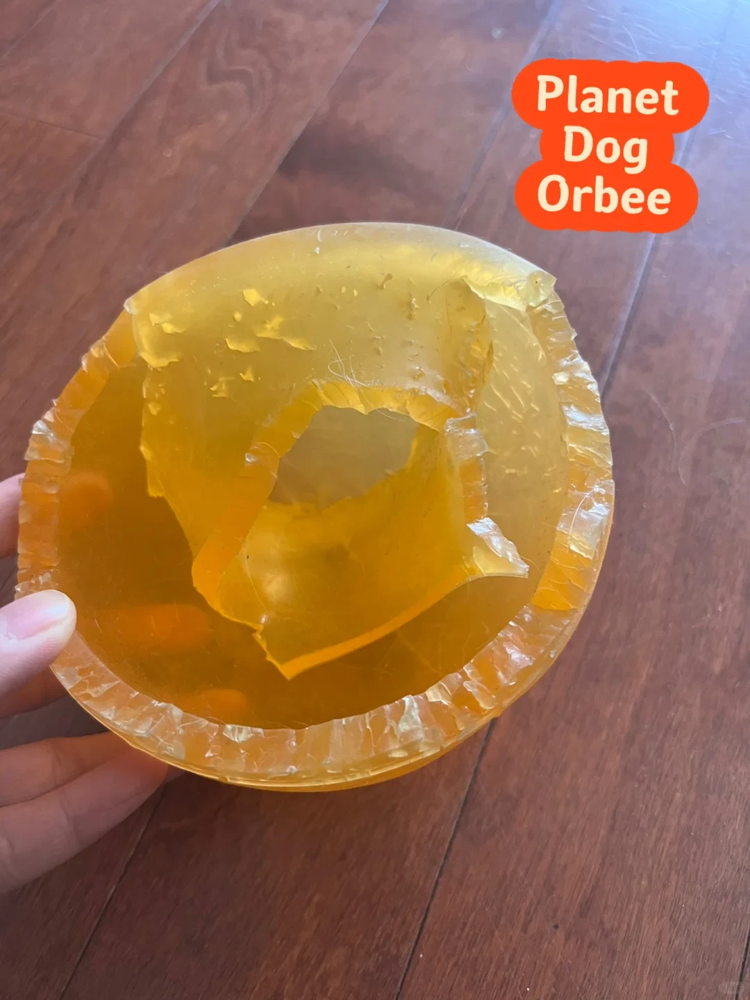 A hand holds a damaged translucent yellow Planet Dog Orbee toy, with a large section missing from its wall.